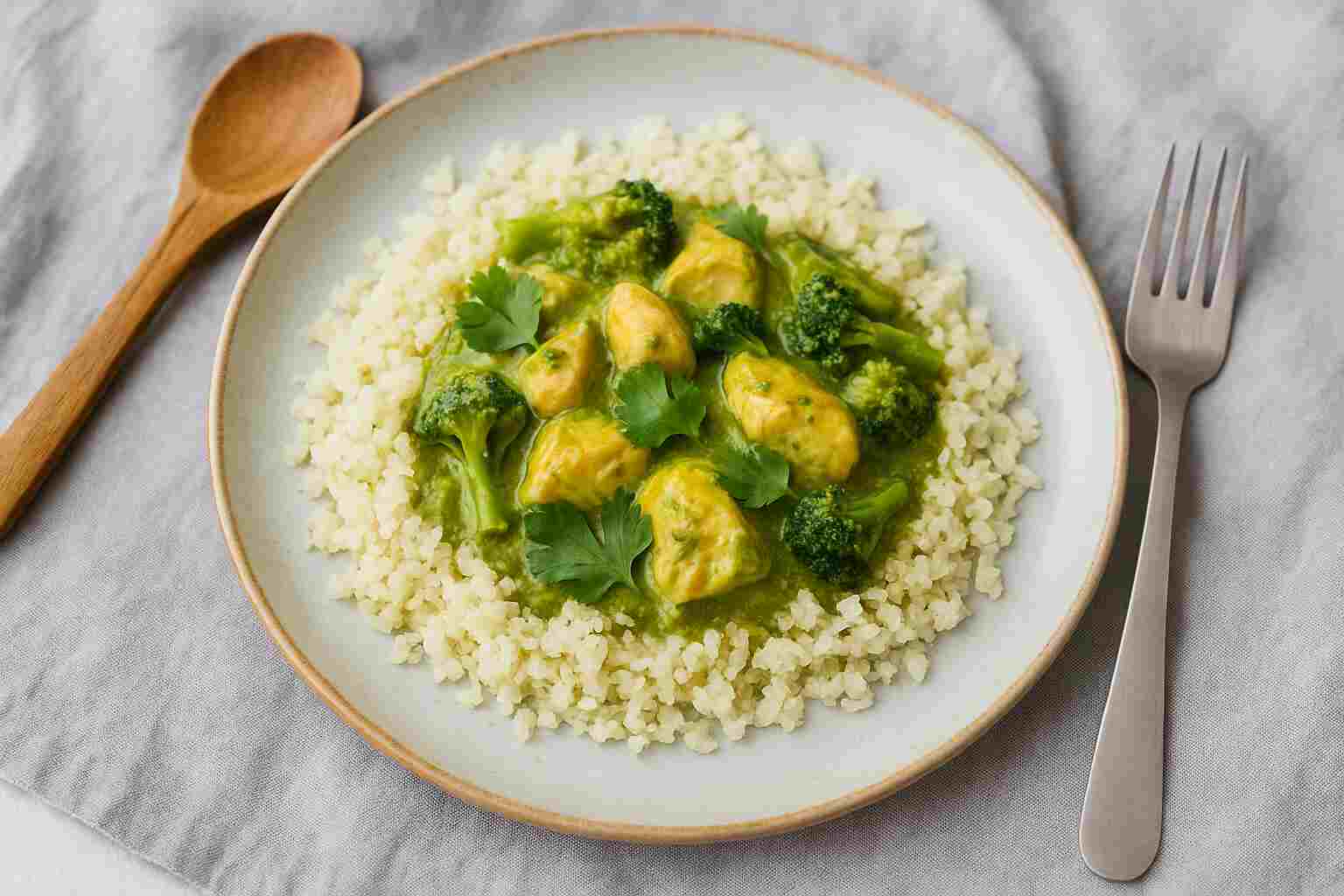 Bloemkoolrijst met groene curry en kip